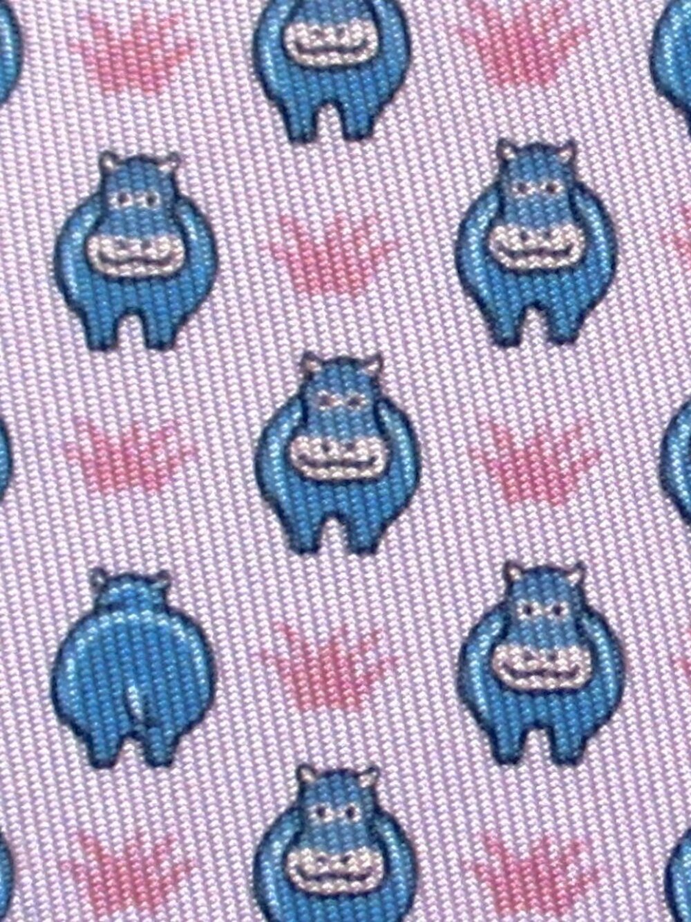 100% REAL HERMES TIE ~ PINK w FUN LIGHT BLUE AFRICAN HIPPOS HIDING IN THE GRASS